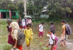 গোপালপুরে সড়ক না থাকায় পানি মাড়িয়ে স্কুলে যাচ্ছে শিশুরা